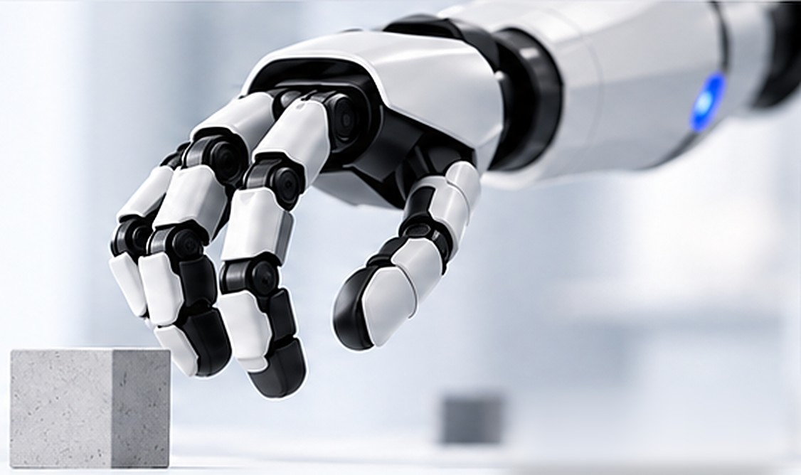 A white robotic hand reaching for a concrete block